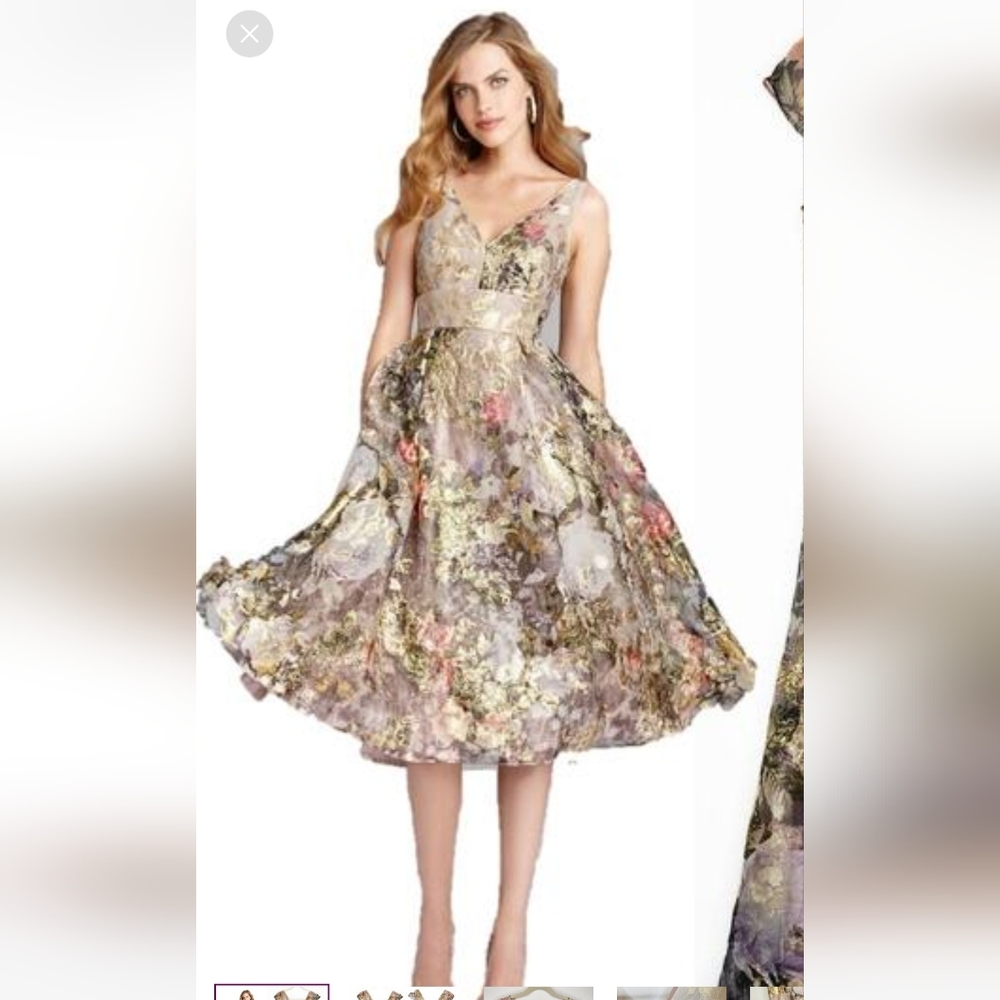 NWT  TERI JON /RICKIE FREEMAN/  PLEATED FITS&FLARE METALIC FLORAL PRINTED DRESS